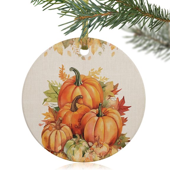 Thanksgiving Pumpkin Fall Maple Leaf Christmas Ceramic Ornament 2025,3" Round Xmas Tree Hanging Accessories with Gold Ribbon