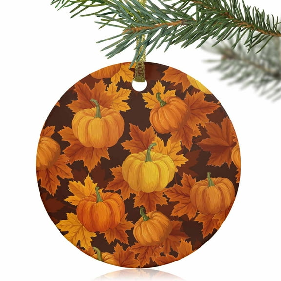 Thanksgiving Pumpkin Fall Orange Maple Leaf Christmas Ceramic Ornament 2025,3" Round Xmas Tree Hanging Accessories with Gold Ribbon