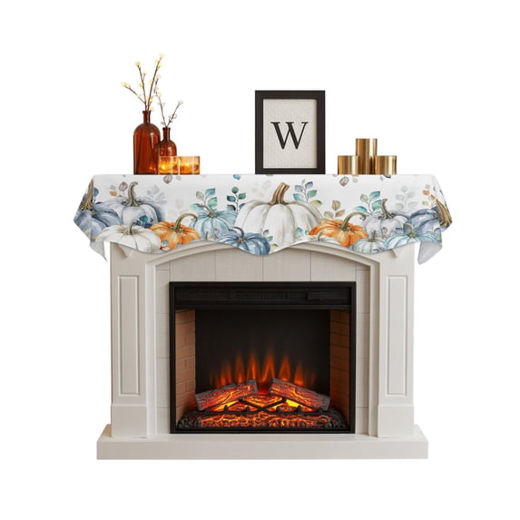 Thanksgiving Pumpkin Fireplace Mantel Scarf Cover 60"Wx17"L,Fireplace Mantel Shelf Top Runner,Fall Eucalyptus Pastoral Leaves Mantle Dresser Scarves Table Runner for Holiday Party Living Room Decor