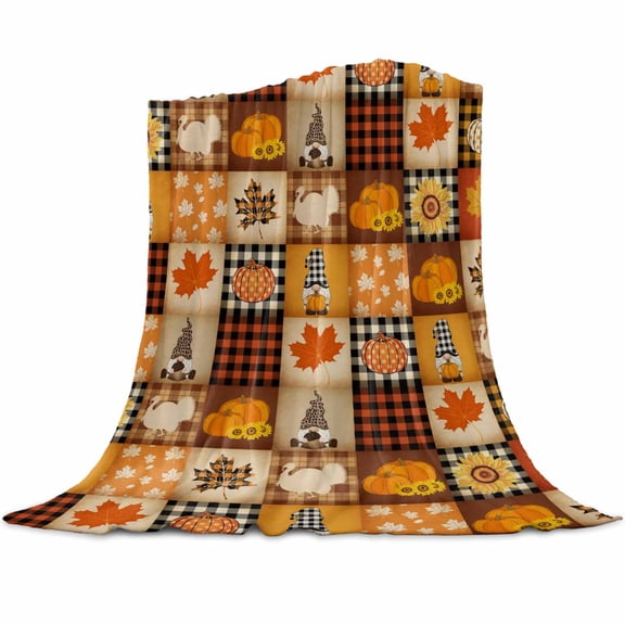 Thanksgiving Pumpkin Flannel Blanket for Bed,Travel and Camping, Maple Leaf Gnome Fall Plaid Patchwork Super Soft Cozy Blanket for All Seasons 50"x80"