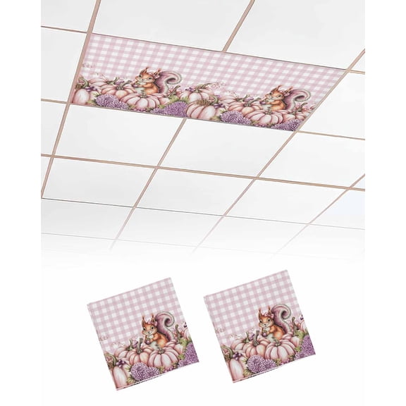 Thanksgiving Pumpkin Fluorescent Light Covers for Ceiling Lights 4x2 feet,2 Pack Magnetic Light Filters for Classroom,Squirrel Flower Retro Plaid Rustic Fluorescent Light Shade Panel for Office