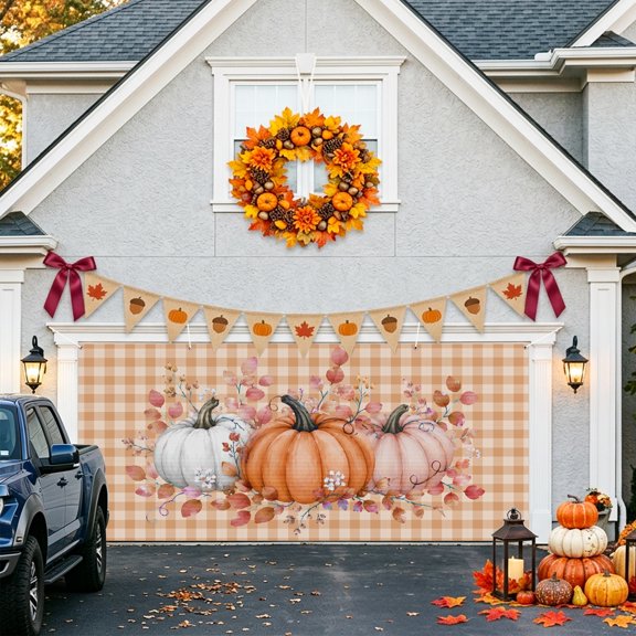 Thanksgiving Pumpkin Garage Door Banner Covers, Fall Country Leaf Orange Gingham Checkered Large Hanging Indoor/Outdoor Backdrop Background for Christmas Winter Party Decor, 6x13ft