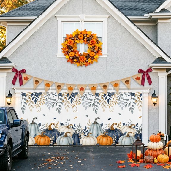 Thanksgiving Pumpkin Garage Door Banner Covers, Fall Country Orange Blue Teal Pumpkin Leaf Large Hanging Indoor/Outdoor Backdrop Background for Christmas Winter Party Decor, 6.9x16ft