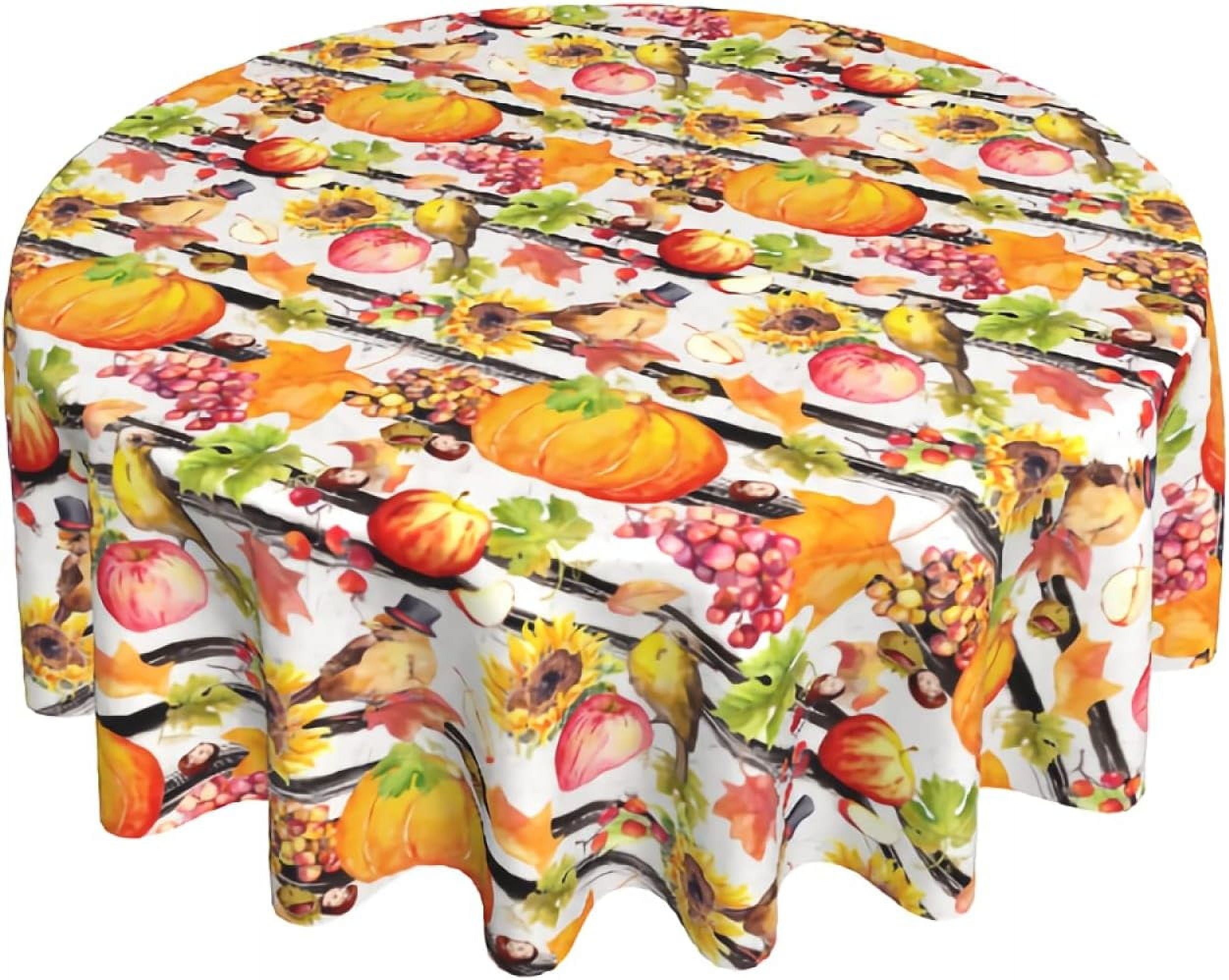 Thanksgiving Pumpkin Harvest Tablecloth Round 60 Inch Autumn Fall Brids