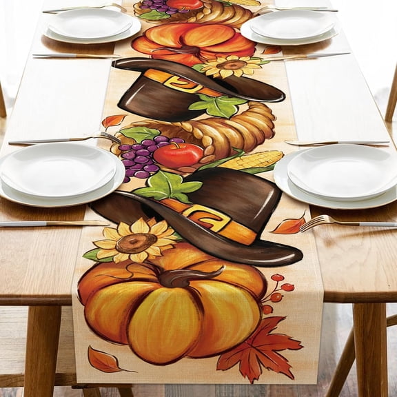 Thanksgiving Pumpkin Hat Table Runner, Fall Harvest Cornucopia Fruit Kitchen Dining Table Decoration, Autumn Seasonal Burlap Indoor Outdoor Home Decor Party Supply 13.8 x 71 Inches