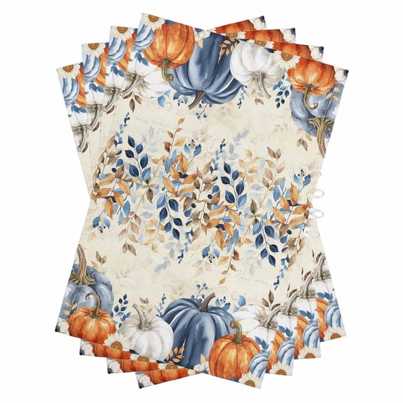 Thanksgiving Pumpkin Kitchen Towels Set of 4, Water Absorbent Dish Towel, Fall Blue White Orange Plants Decorative Hand Towels - Quick Drying Cloth for Cooking Baking, 18x28 Inch