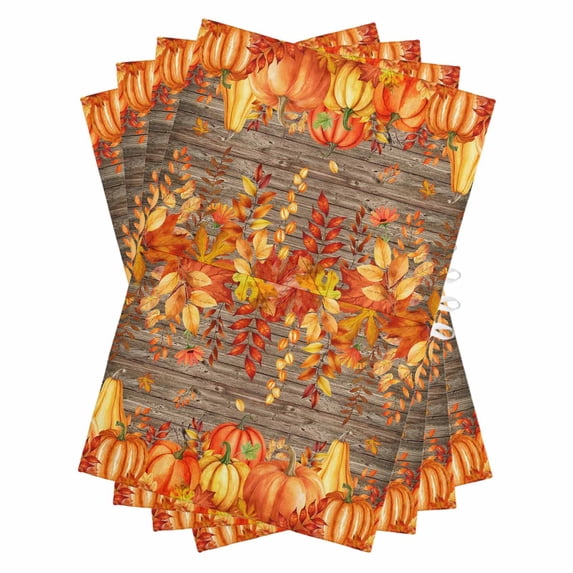 Thanksgiving Pumpkin Kitchen Towels Set of 4, Water Absorbent Dish Towel, Orange Red Gold Leaf Brown Wood Decorative Hand Towels - Quick Drying Cloth for Cooking Baking, 18x28 Inch