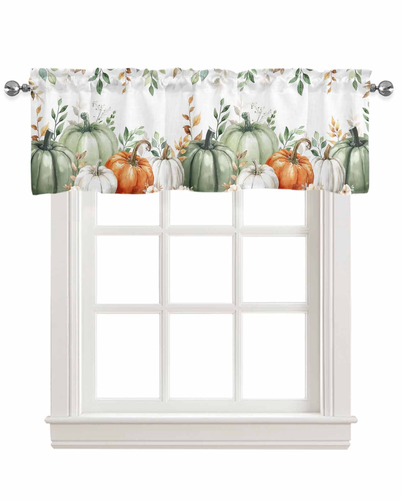 Thanksgiving Pumpkin Kitchen Valances for Windows Farmhouse Linen Window Valance Curtain for Living Room Window Treatment Fall Sage Green Eucalyptus Flower Valance Rod Pocket Topper, 54 x 18 Inch