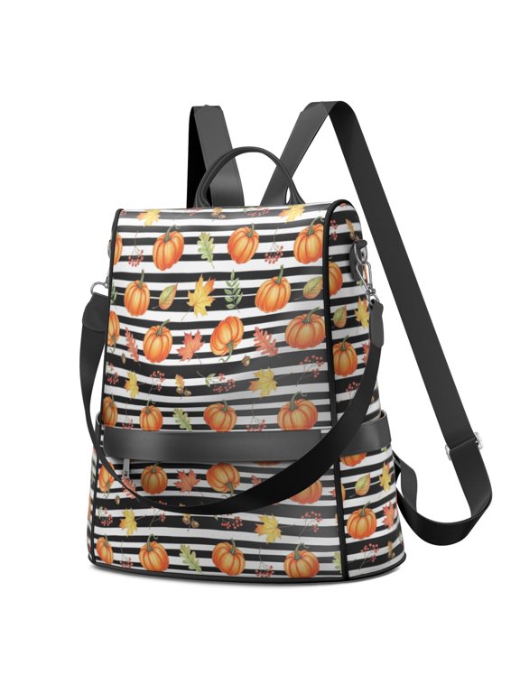 Thanksgiving Pumpkin Leaf Stripe Pattern Fashion Backpack, Convertible Shoulder Bag with Side Bottle Pockets & Convertible Strap, Water Repellent Polyester Gifts for Women Casual Use