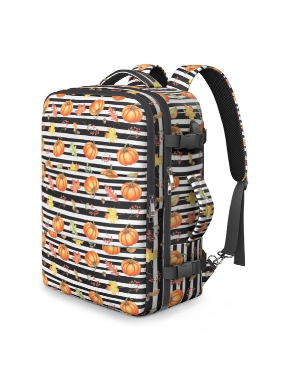 Thanksgiving Pumpkin Leaf Stripe Pattern Travel Laptop Backpack, Business Rucksack with Multi Compartments & USB Port, Water Resistant Twill Gifts for Travel Business School