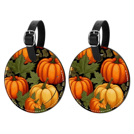 Thanksgiving Pumpkin Leaves 2pcs PU Leather Round Bag Tags with Privacy Cover and Name ID Tag - Suitcase Tags for Travel Luggage, Handbags, Backpacks, School Bags