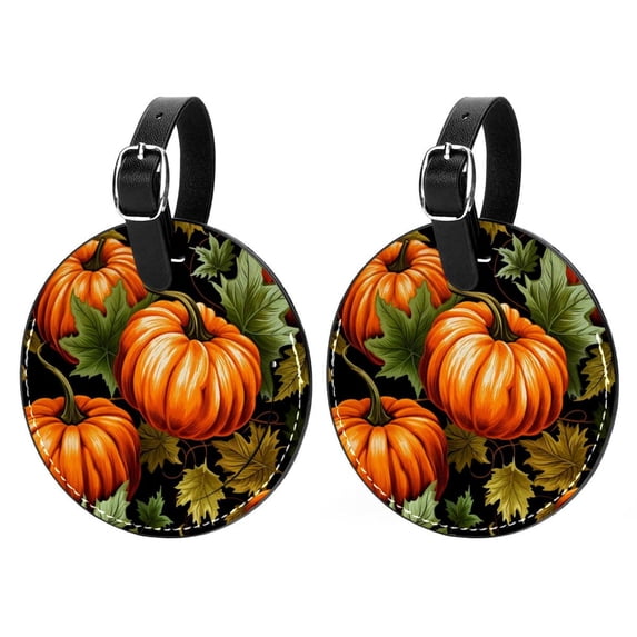 Thanksgiving Pumpkin Leaves 2pcs PU Leather Round Bag Tags with Privacy Cover and Name ID Tag - Suitcase Tags for Travel Luggage, Handbags, Backpacks, School Bags
