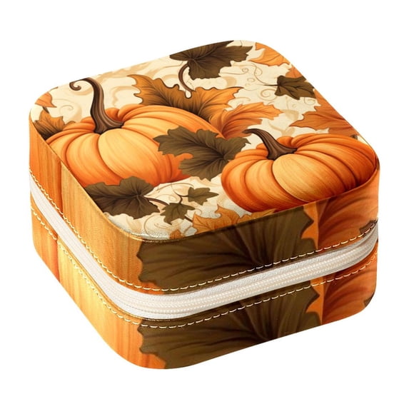 Thanksgiving Pumpkin Leaves Travel Portable Square Decorative Box Jewelry Stand: All-in-One Earring Holder, Ring Keeper, Necklace & Bracelet Organizer - Storage Box for Girls and Women