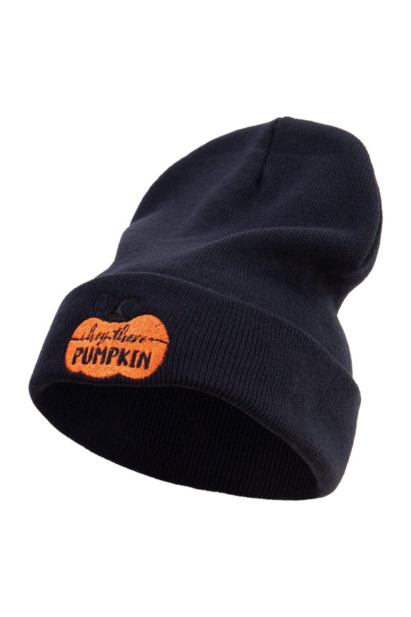 Thanksgiving Pumpkin Logo Embroidered 12 Inch Long Knitted Beanie - Black OSFM