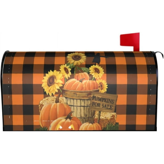 Thanksgiving Pumpkin Mailbox Cover Buffalo Plaid Autumn Sunflowers Magnetic Mailbox Covers Fall Harvest Large Post Letter Box Covers Garden Yard Home Decor for Outside 21" x18"