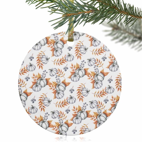 Thanksgiving Pumpkin Maple Leaf Berry Christmas Ceramic Ornament 2025,3" Round Xmas Tree Hanging Accessories with Gold Ribbon,Seamless Fall Harvest Pendant Ornaments for Holiday Gift Home Party Decor