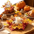 thumbnail image 1 of Thanksgiving Pumpkin Maple Leaf Candle Wreath, Artificial Fall Candle Ring Halloween Tabletop Centerpiece for Holder Mantel Home Decor, 1 of 5