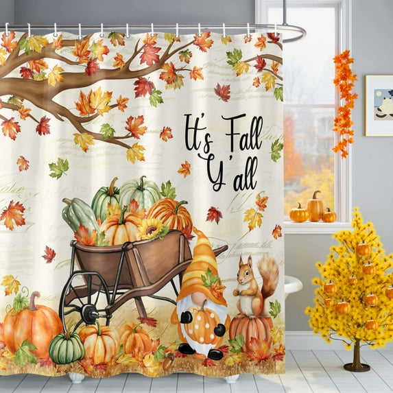 Thanksgiving Pumpkin Maple Leaf Shower Curtain for Bathroom, Fall Gnome Squirrel Waterproof Shower Curtains Washable Quick Dry with Hooks Bathtub Curtains 60x72 IN