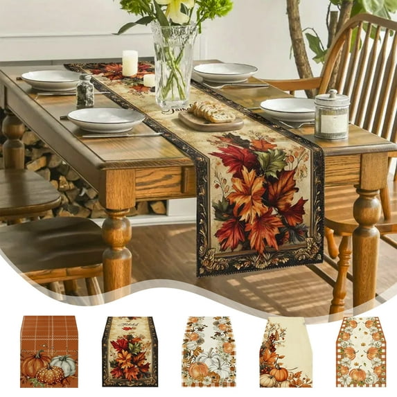 Thanksgiving Pumpkin Maple Leaf Table Runner - Fall Table Cover Centerpiece Runner, Festive Decorative Table Runner for Kitchen Dining Backyard Party