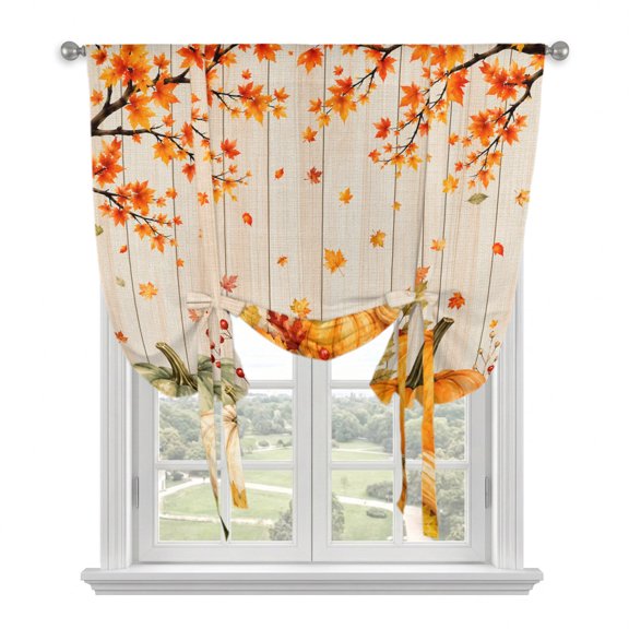 Thanksgiving Pumpkin Maple Leaf Tie Up Curtains,Adjustable Rod Pocket Window Shade Curtain Drape Fall Orange Plant Wood Board Tie-Up Valance for Kitchen Bedroom Living Room Windows,34"x45"