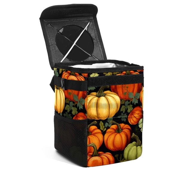 Thanksgiving Pumpkin Mini Trash Can for Car: Foldable, with Lid, Leak-Proof, and Hanging Storage Bag
