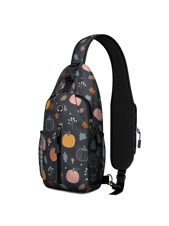 Thanksgiving Pumpkin Mushroom Line Art Sling Backpack, Casual Day Sling Pack with Earphone Port, Multi Pocket Design Gift Ideas for Travel Shopping