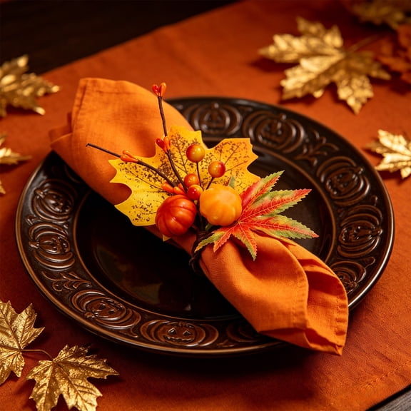 Thanksgiving Pumpkin Napkin Rings Pumpkin Maple Leaf Napkin Rings Double Pumpkin And Maple Leaf Tabletop Napkin Ring For Thanksgiving Halloween Table Decorations, Fall Banquet, Holiday Dinner Party