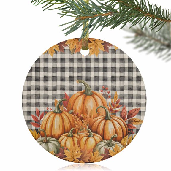 Thanksgiving Pumpkin Orange Maple Leaf Christmas Ceramic Ornament 2025,3" Round Xmas Tree Hanging Accessories with Gold Ribbon