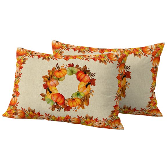 Thanksgiving Pumpkin Outdoor Pillow Covers 20"x12" Set of 2,Waterproof Throw Pillow Covers for Patio Furniture,Fall Maple Leaves Autumn Beige Decorative Cushion Pillowcases for Garden Couch Sofa