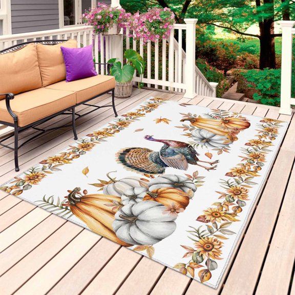 Thanksgiving Pumpkin Outdoor Rug 4x6 Ft, Non Slip Washable Area Rug, Turkey Sunflowers Fall Maple Rustic Patio Rugs Carpet Runner, Large Floor Mat for Indoor/Outdoor Deck Porch Camping