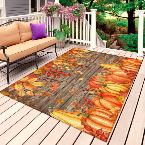 Thanksgiving Pumpkin Outdoor Rug for Patio/Deck/Porch, Non-Slip Large Area Rug 5 x 7 Ft, Orange Red Gold Leaf Brown Wood Indoor Outdoor Rugs Washable Area Rugs, Reversible Camping Rug Carpet Runner
