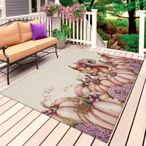 Thanksgiving Pumpkin Outdoor Rug for Patio/Deck/Porch, Non-Slip Large Area Rug 5 x 8 Ft, Cute Squirrel Retro Beige Pastoral Indoor Outdoor Rugs Washable Area Rugs, Camping Rug Carpet Runner