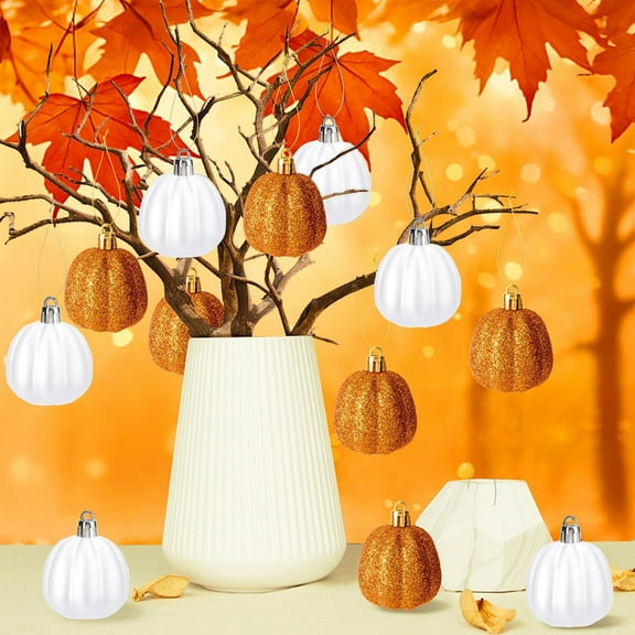 Thanksgiving Pumpkin Pendants 12-Pack - 2x2.4in Plastic Fall Decorations for Harvest Festival, Halloween & Autumn Party Decor - Door Hanging Ornaments with Warm Color Designs (Multicolor)