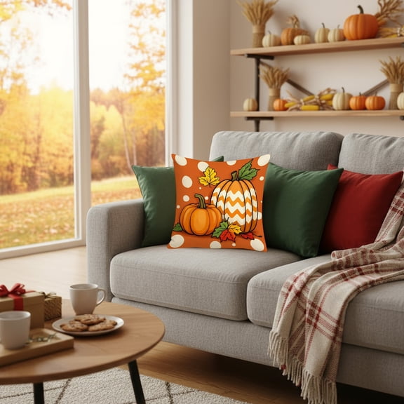 Thanksgiving Pumpkin Pillow Covers - 17.7x17.7 Inches Soft Cotton Fall Decor, Hidden Zipper, Easy Wash, Standard Size