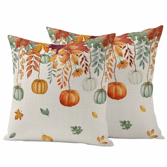 Thanksgiving Pumpkin Pillow Covers 2 Pack Autumn Orange Green Leaves Vintage Linen Texture Pillowcase Waterproof Outdoor Throw Pillow Cover for Patio Garden Square Cushion 24”x24”