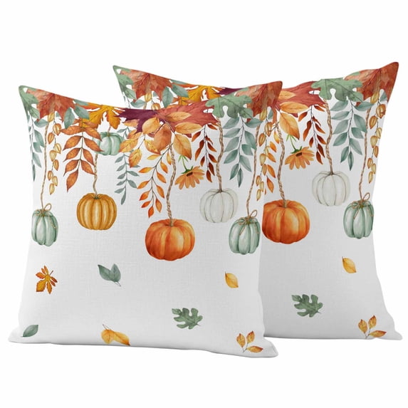 Thanksgiving Pumpkin Pillow Covers 2 Pack Autumn Orange Green Leaves Vintage Village Farm Pillowcase Waterproof Outdoor Throw Pillow Cover for Patio Garden Square Cushion 20”x20”
