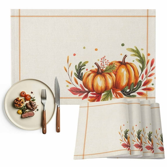 Thanksgiving Pumpkin Placemats Set of 1 Fall Maple Leaf Heat Insulated Linen Place Mats, Washable Stain-Proof Table Mats for Dining Tables Holiday Decor 13x19inch