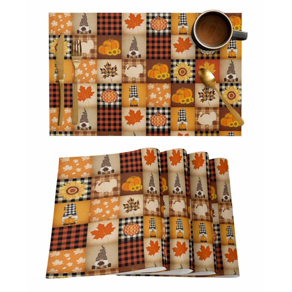 Thanksgiving Pumpkin Placemats Set of 1 Maple Leaf Gnome Fall Plaid Patchwork Heat Insulation Washable Place Mats, Rustic Non-Slip Table Mats for Dining Table Party Kitchen Decor,13x19 Inch