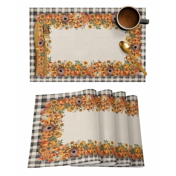 Thanksgiving Pumpkin Placemats Set of 12 Wooden House Sunflower Linen Black Plaid Heat Insulation Washable Place Mats, Rustic Non-Slip Table Mats for Dining Table Party Kitchen Decor,13x19 Inch
