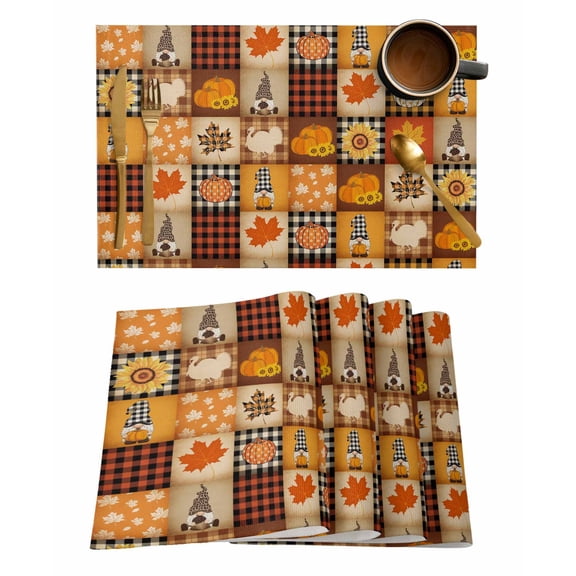 Thanksgiving Pumpkin Placemats Set of 2 Maple Leaf Gnome Fall Plaid Patchwork Heat Insulation Washable Place Mats, Rustic Non-Slip Table Mats for Dining Table Party Kitchen Decor,13x19 Inch