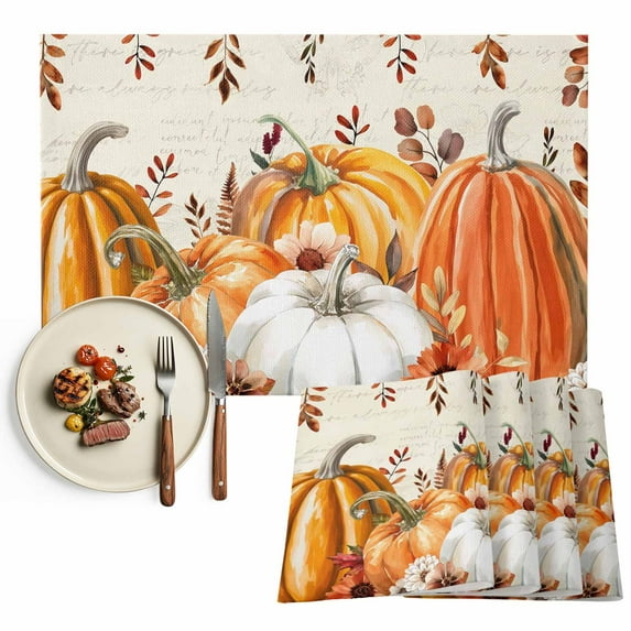 Thanksgiving Pumpkin Placemats Set of 4 Brown Orange Leaves Flowers Retro Heat Insulated Linen Place Mats, Washable Stain-Proof Table Mats for Dining Tables Holiday Decor 13x19inch