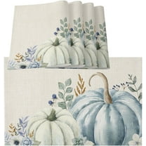 Thanksgiving Pumpkin Placemats Set of 4 Washable Woven Burlap Cloth Fabric Placemat for Square/Rectangle/Round/Oval Dining Table,Easy Clean Place Mats for Kids Blue White Fall Eucalyptus Leaves
