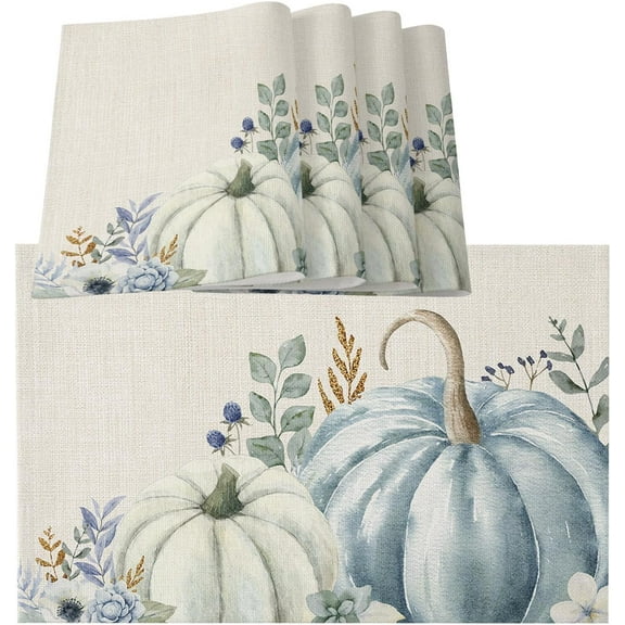 Thanksgiving Pumpkin Placemats Set of 4 Washable Woven Burlap Cloth Fabric Placemat for Square/Rectangle/Round/Oval Dining Table,Easy Clean Place Mats for Kids Blue White Fall Eucalyptus Leaves