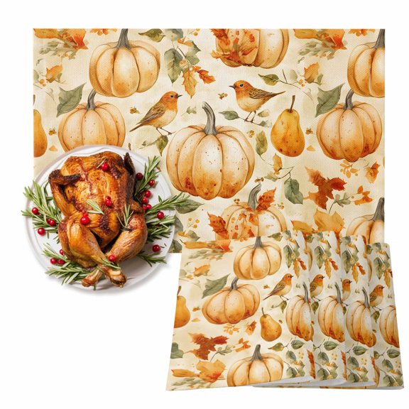 Thanksgiving Pumpkin Placemats Set of 6 Watercolor Leaf Bird Pear Heat Insulation Non-Slip Place Mats Washable Table Mats for Dining room Party Kitchen Decor, 13 x 19 Inches