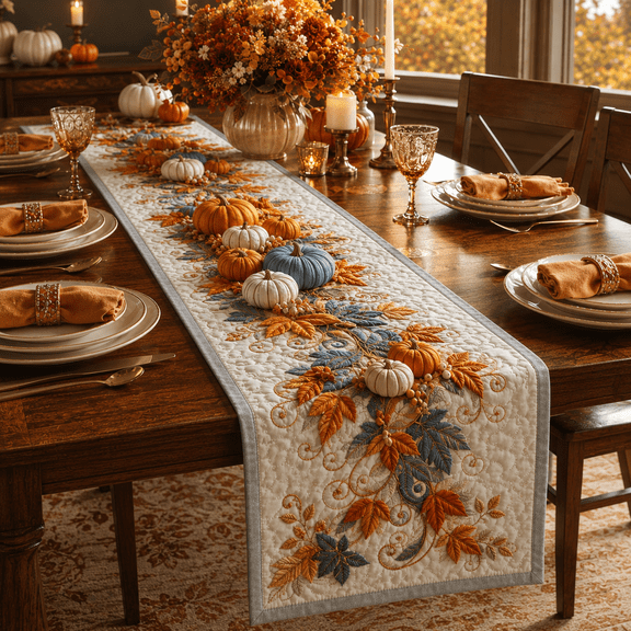Thanksgiving Pumpkin Quilted Table Runner, 14 x 48 Inch Polyester Fall Maple Leaf Cabin Table Decor for Dining Table Kitchen Farmhouse Decor