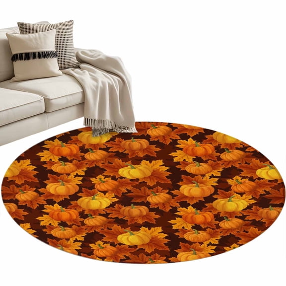 Thanksgiving Pumpkin Round Area Rug 4ft, Autumn Maple Leaf Orange Fall Washable Non-Slip Circle Rugs for Bedroom Living Room Kitchen, Soft Non Shedding Circle Carpet for Dining Room Dorm