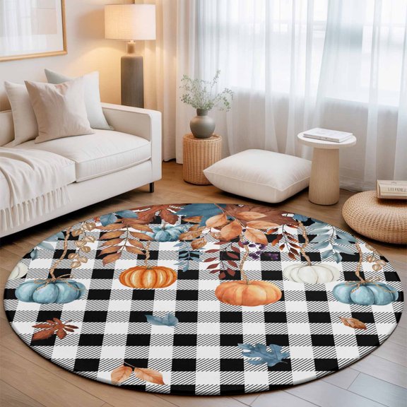 Thanksgiving Pumpkin Round Living Room Rugs 4 ft, Fall Vintage Orange Blue Leaves Black White Geek Washable Area Rug with Non-Slip Sturdy Edge Binding Round Carpet for Entryway Kitchen Bathroom