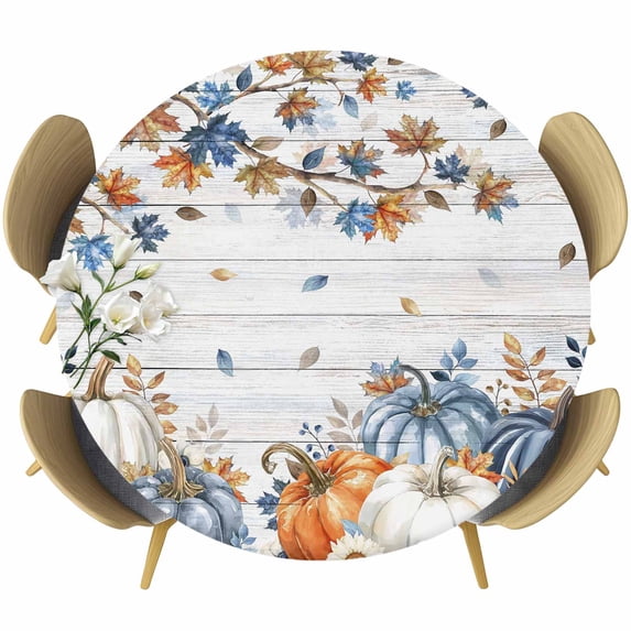 Thanksgiving Pumpkin Round Tablecloth, Fitted Table Cover with Elastic for 36"-44" Round Tables, Fall Maple Leaf Daisy Wooden Grain Table Cloth Outdoor Indoor Dinning Party Waterproof Tablecloths