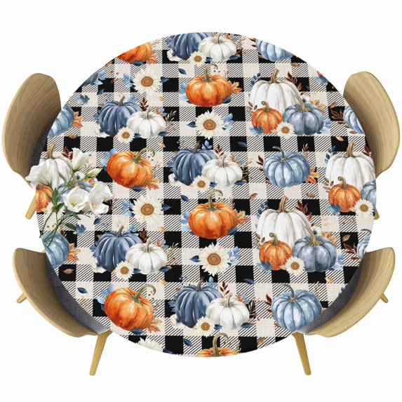 Thanksgiving Pumpkin Round Tablecloth, Fitted Table Cover with Elastic for 45"-54" Round Tables, Fall Daisy Rustic Leaves Black Plaid Table Cloth Outdoor Indoor Dinning Party Waterproof Tablecloths