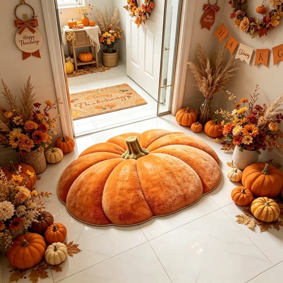 Thanksgiving Pumpkin Shaped Welcome Doormat, Non-Slip Absorbent Entryway Rug Bathroom Floor Mat for Front Door Porch Kitchen Fall Home Decor